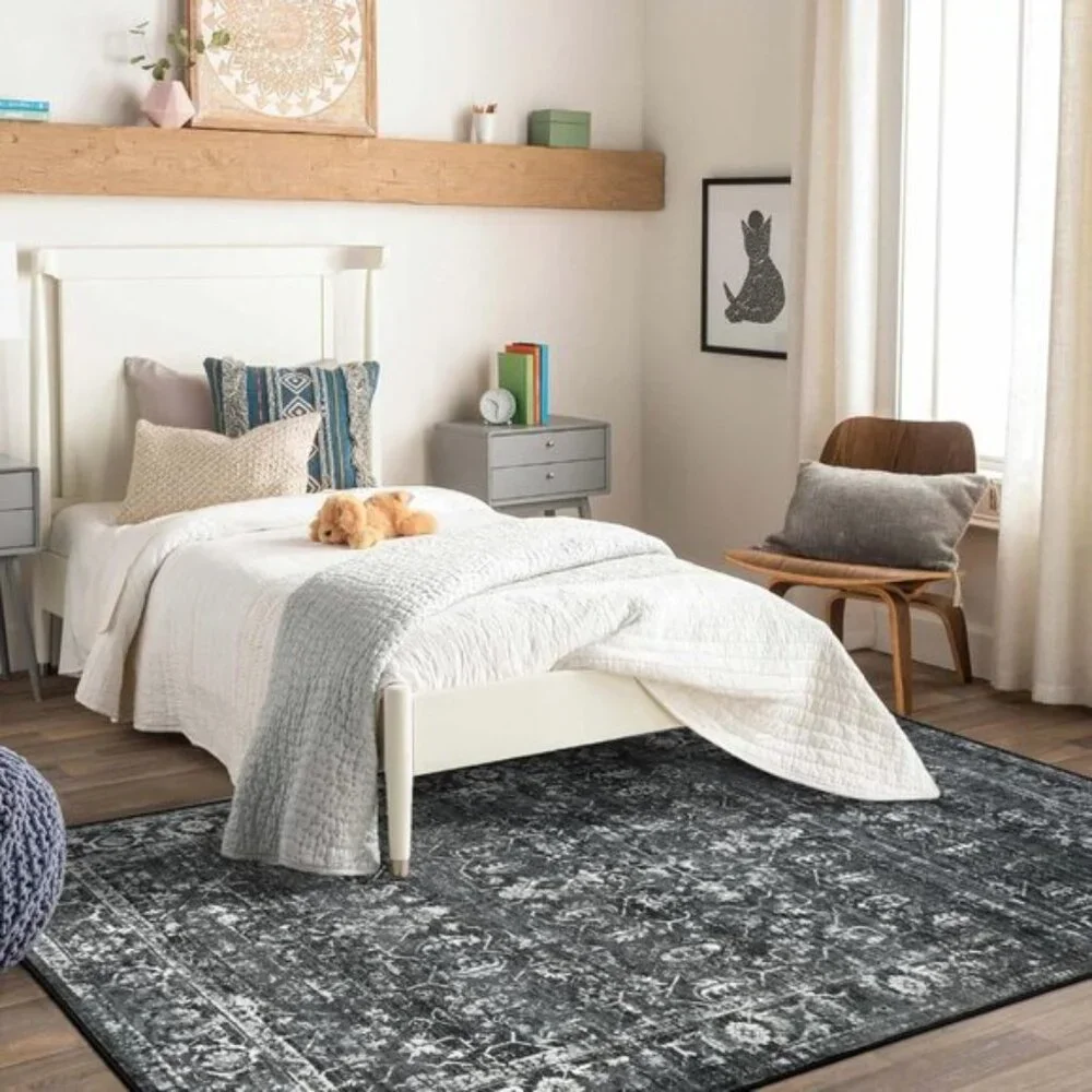 5x7 Black Washable Area Rug, Non-Slip Stain Resistant Carpet for Home & Office